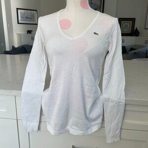 Lacoste Vintage Neutral LS V Neck Sporty 100% Cotton Sweater White Sz 38